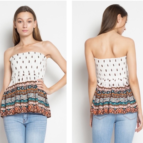 Bohemian White Paisley Print Strapless Top - Picture 2 of 4